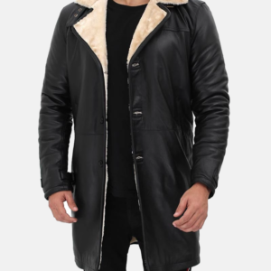 Men’s Black & Beige Shearling Leather Coat – Timeless Warmth & Rugged Elegance